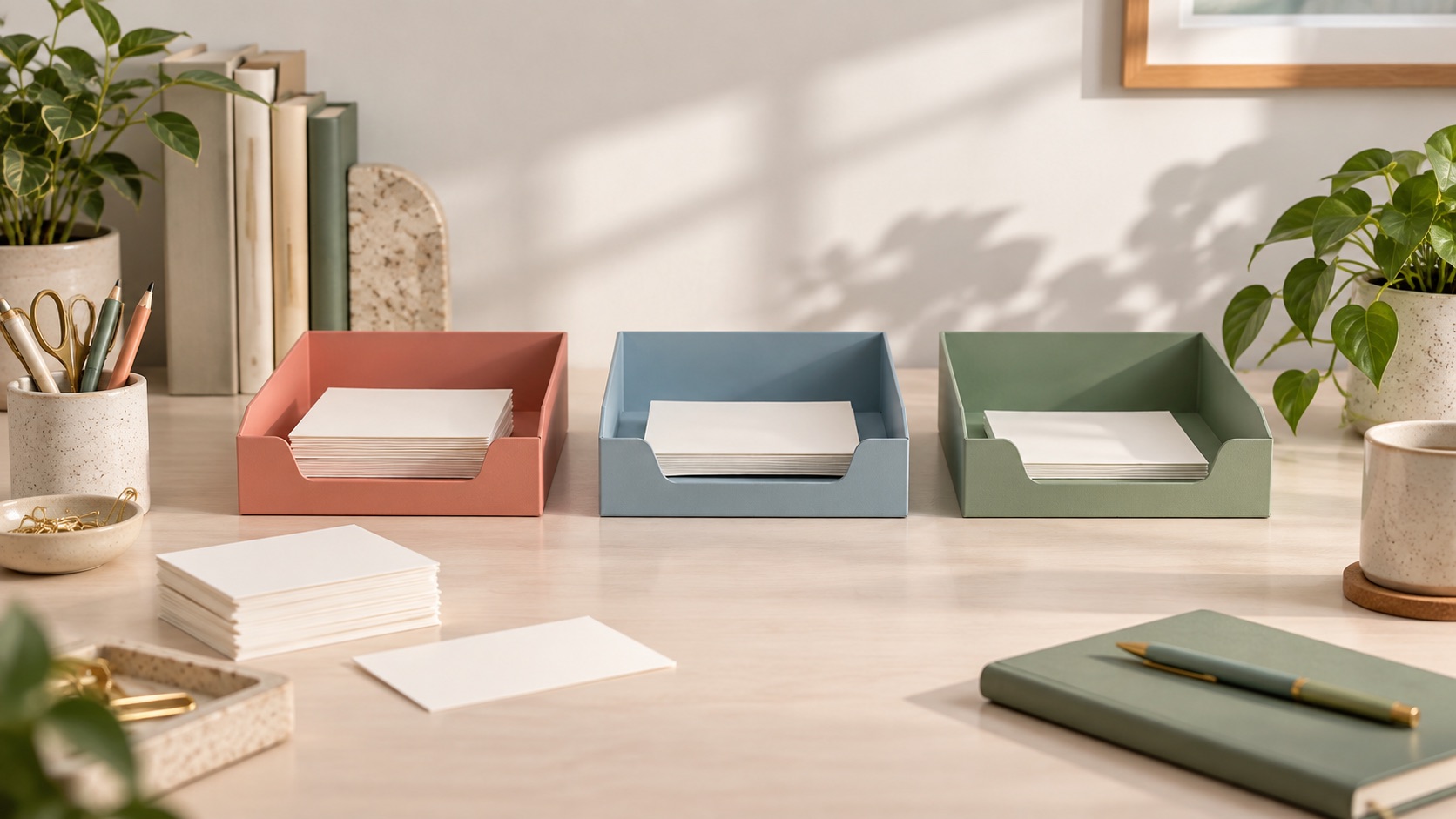 Three paper inbox trays used to sort task cards