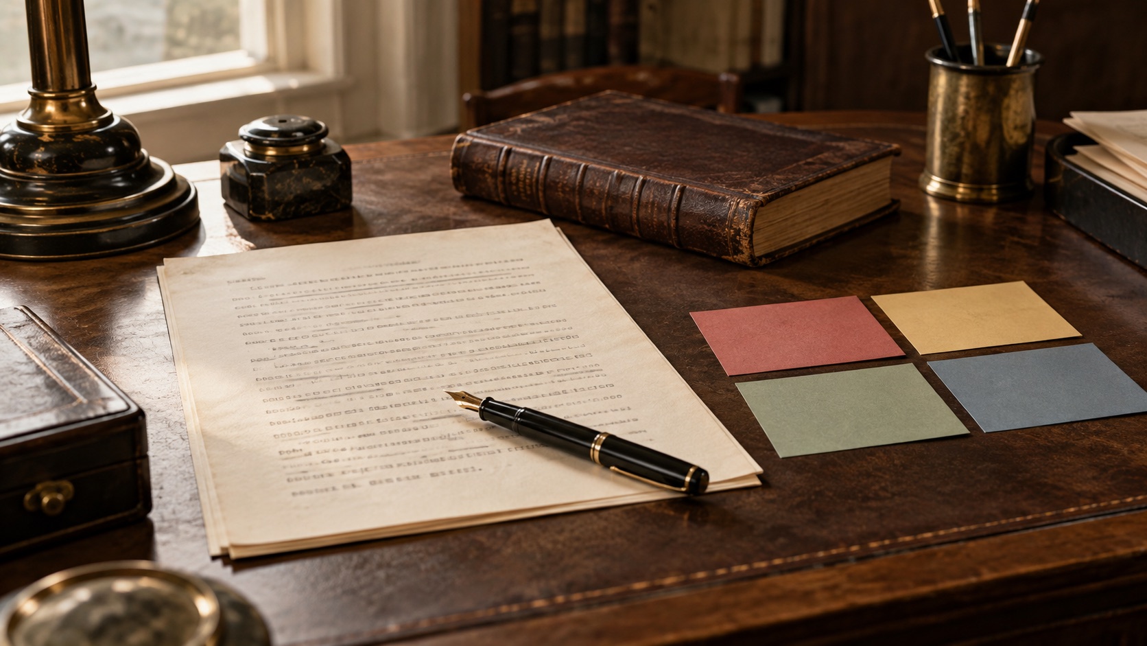 An archival desk with a typed speech, fountain pen, and four priority cards