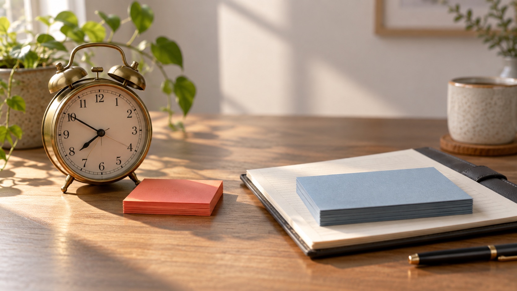 An analog clock beside coral and blue task cards