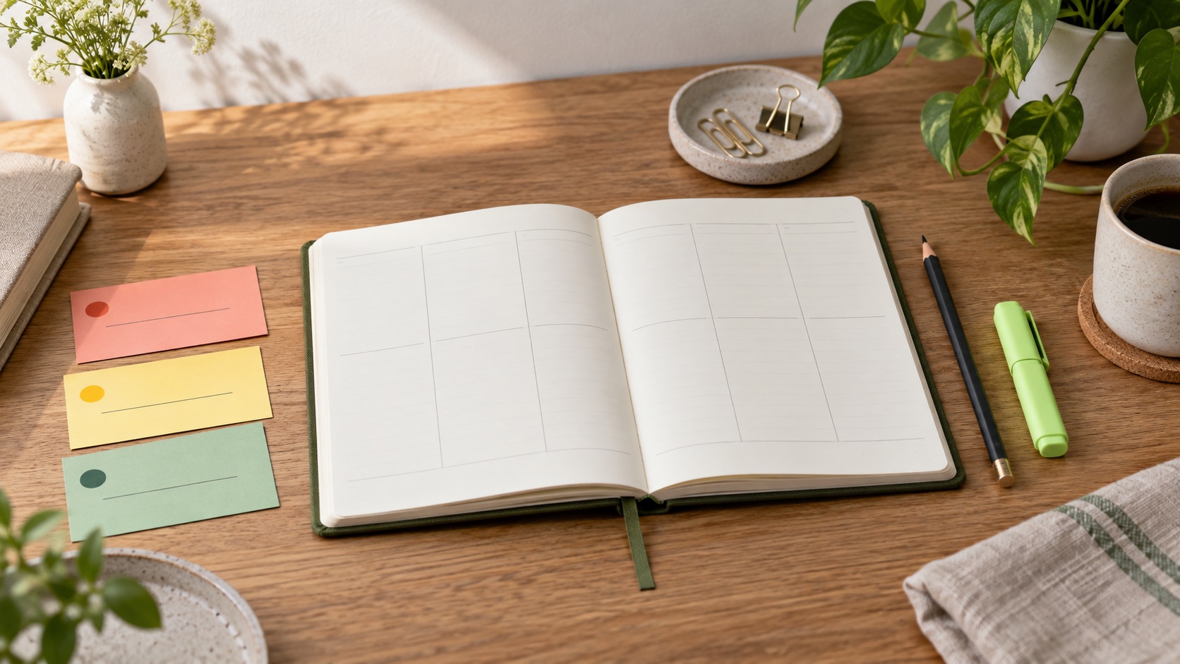 An open weekly planner with color-coded priority cards